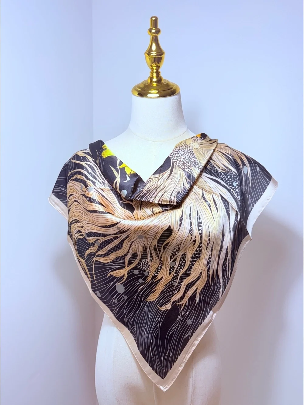Elegant Floral Scarf with Vibrant Yellow and Black Design
